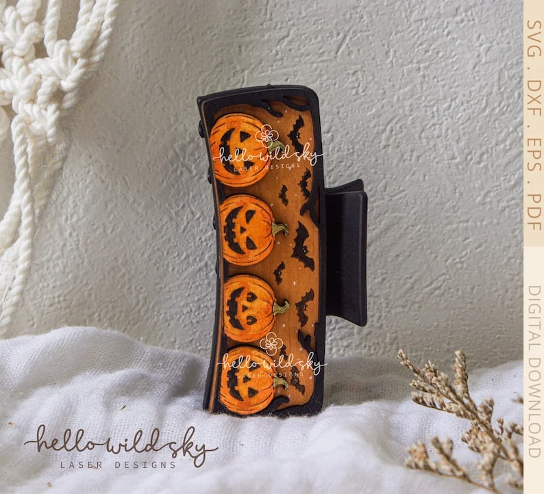 Halloween Pumpkin Hair Clip laser cut design, view 9