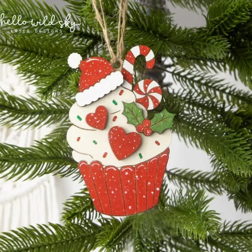 Christmas Cupcake Ornament SVG, Wooden Laser Cut File, Santa Hat Cupcake, Candy Cane Ornament Svg (digital Download)