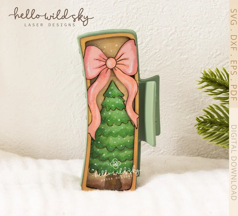 Christmas Tree With Bow Hair Clip laser cut design, view 2