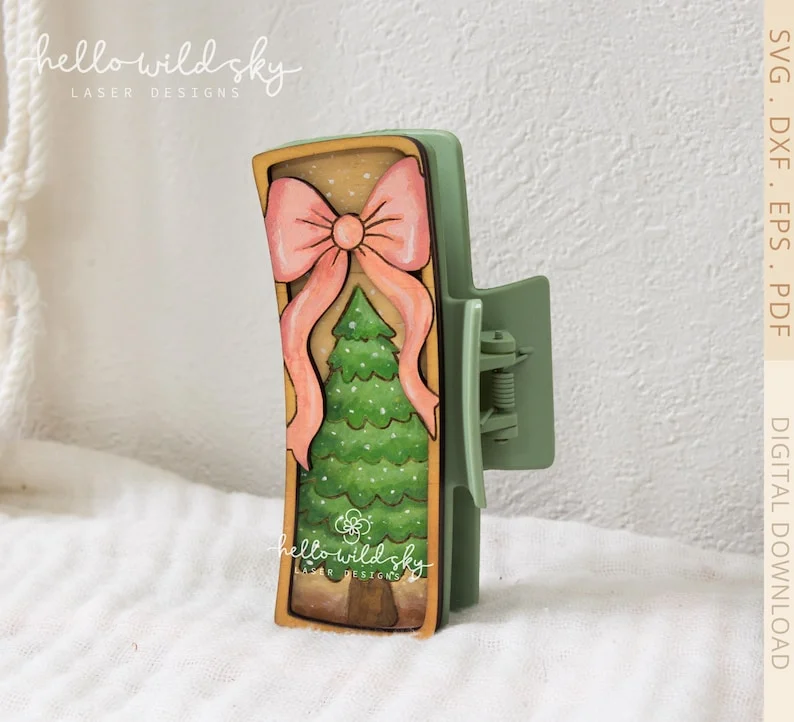 Christmas Tree With Bow Hair Clip laser cut design, view 4