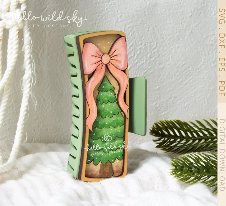 Christmas Tree With Bow Hair Clip laser cut design, view 6