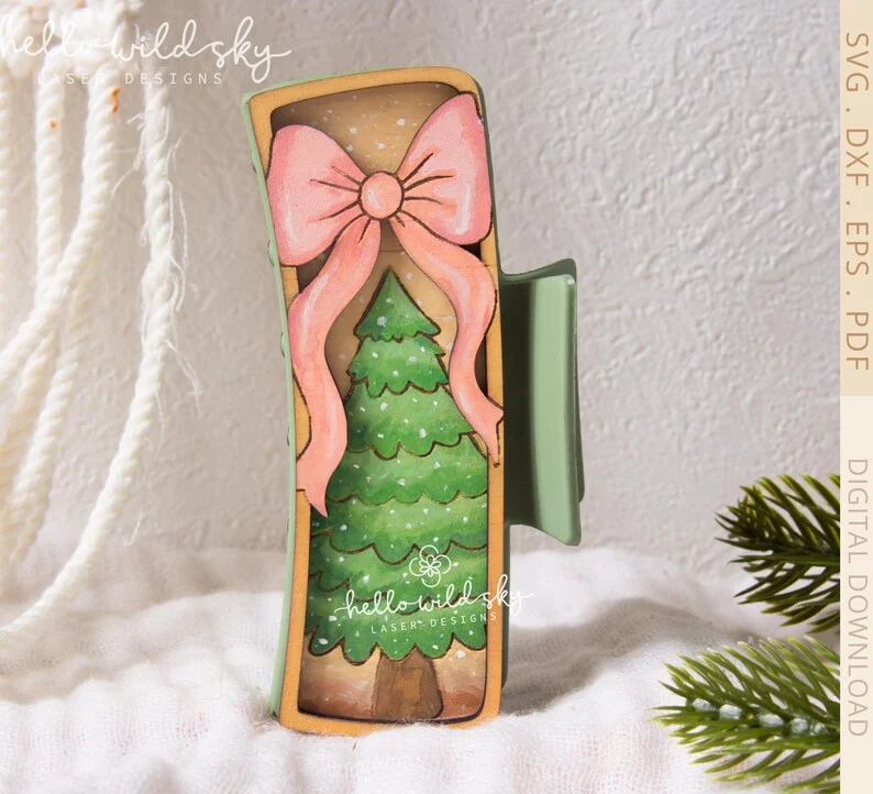 Christmas Tree With Bow Hair Clip laser cut design, view 8