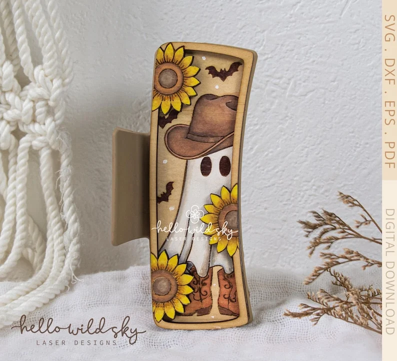 Halloween Cowboy Ghost Hair Clip laser cut design, view 4
