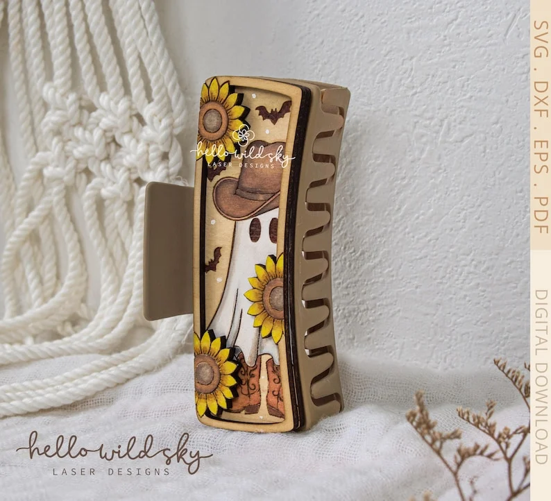 Halloween Cowboy Ghost Hair Clip laser cut design, view 5