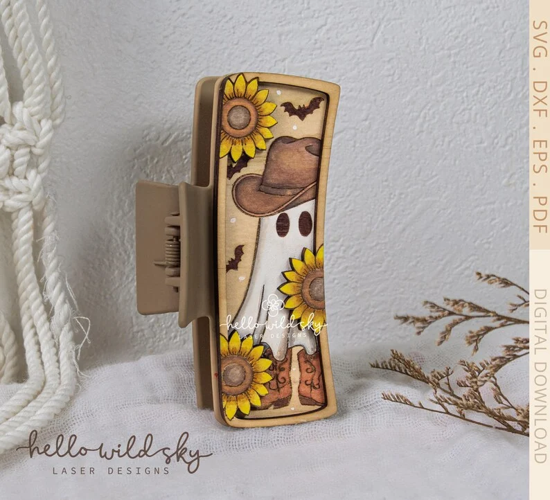 Halloween Cowboy Ghost Hair Clip laser cut design, view 7