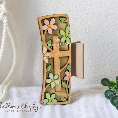 Floral Cross Hair Clip SVG , Flower Cross Claw Clip 4.1", Wooden Hair Clip Design, Religious Hair Accessory Design (digital Download)