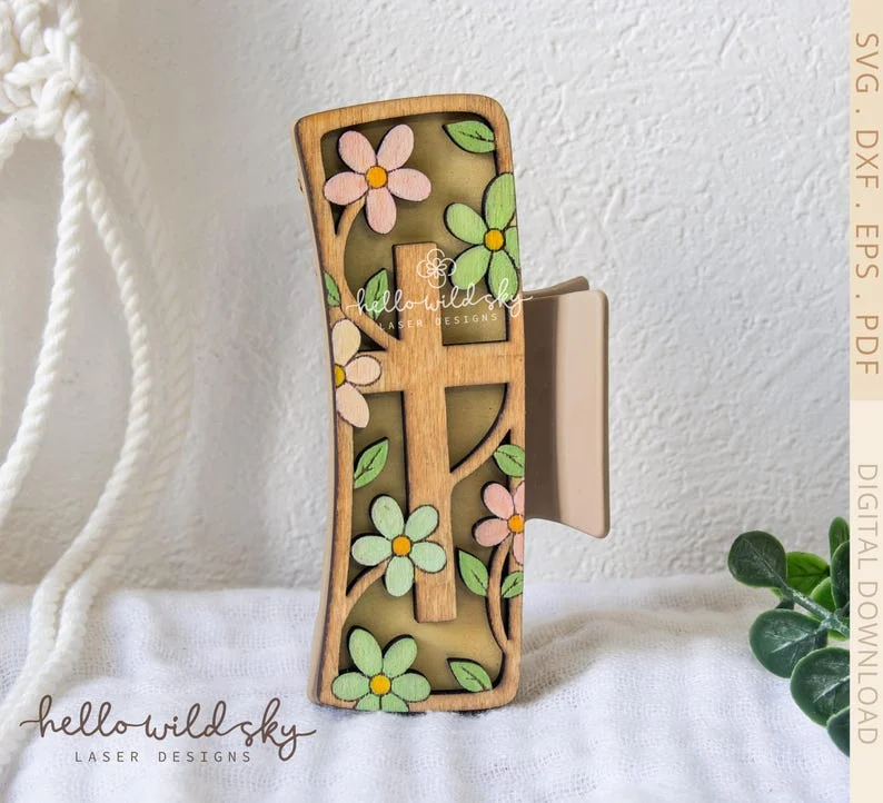 Floral Cross Hair Clip laser cut file