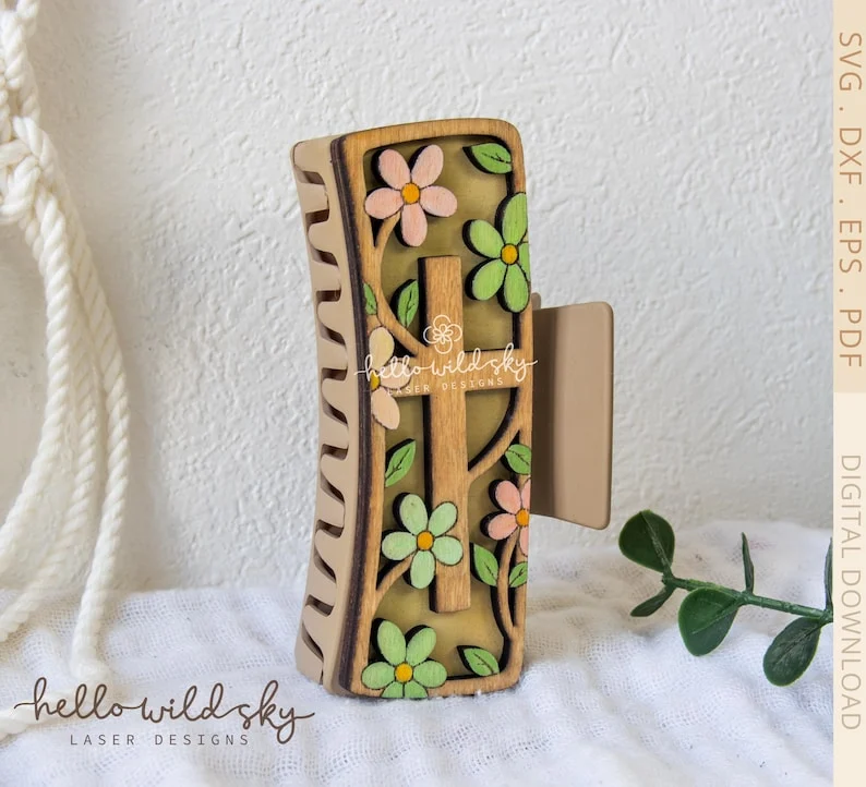 Floral Cross Hair Clip laser cut design, view 4