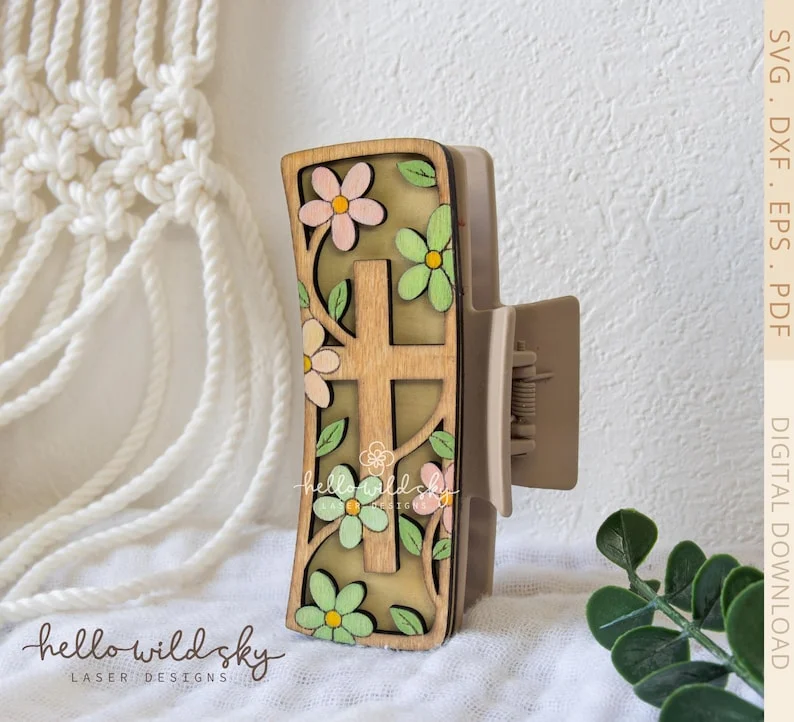 Floral Cross Hair Clip laser cut design, view 6