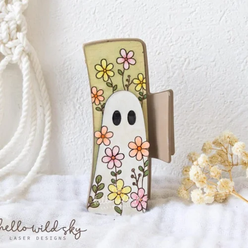 Cute Floral Ghost Hair Clip SVG, Cute Halloween Hair Clip Design 4.1", Ghost With Flowers Laser Cut File (digital Download)