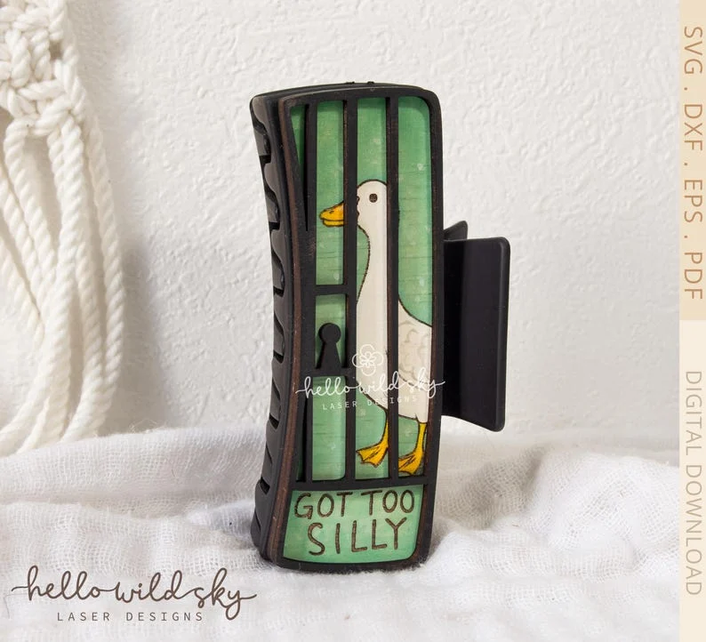 Got Too Silly Goose Hair Clip laser cut design, view 2