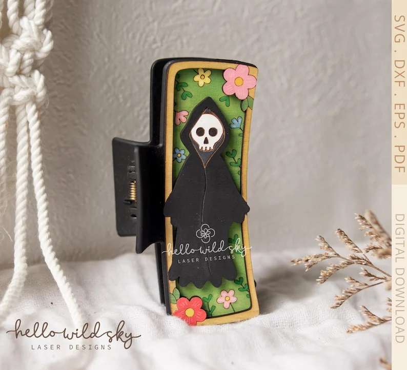 Gothic Reaper Hair Clip laser cut design, view 3