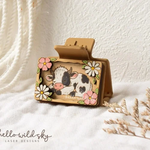 Floral Cute Cow Hair Clip laser cut design, view 7