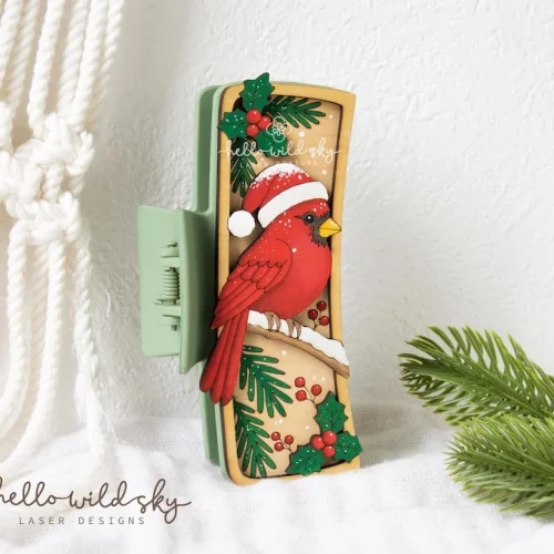 Cardinal Christmas Hair Clip laser cut design, view 4