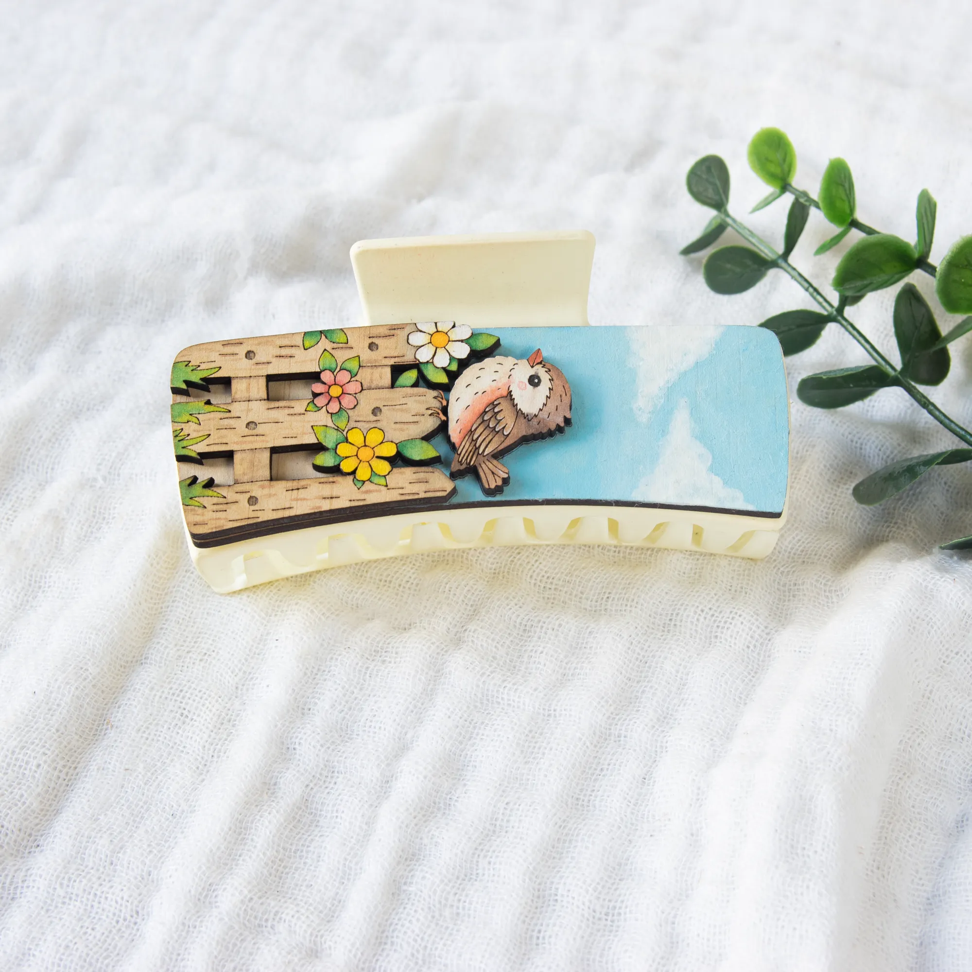 Bird Hair Clip SVG 4.1", Cute Songbird and Flower Fence Claw Clip Design - Image 3