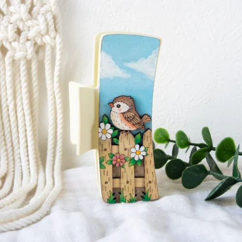 Bird Hair Clip SVG 4.1", Cute Songbird and Flower Fence Claw Clip Design