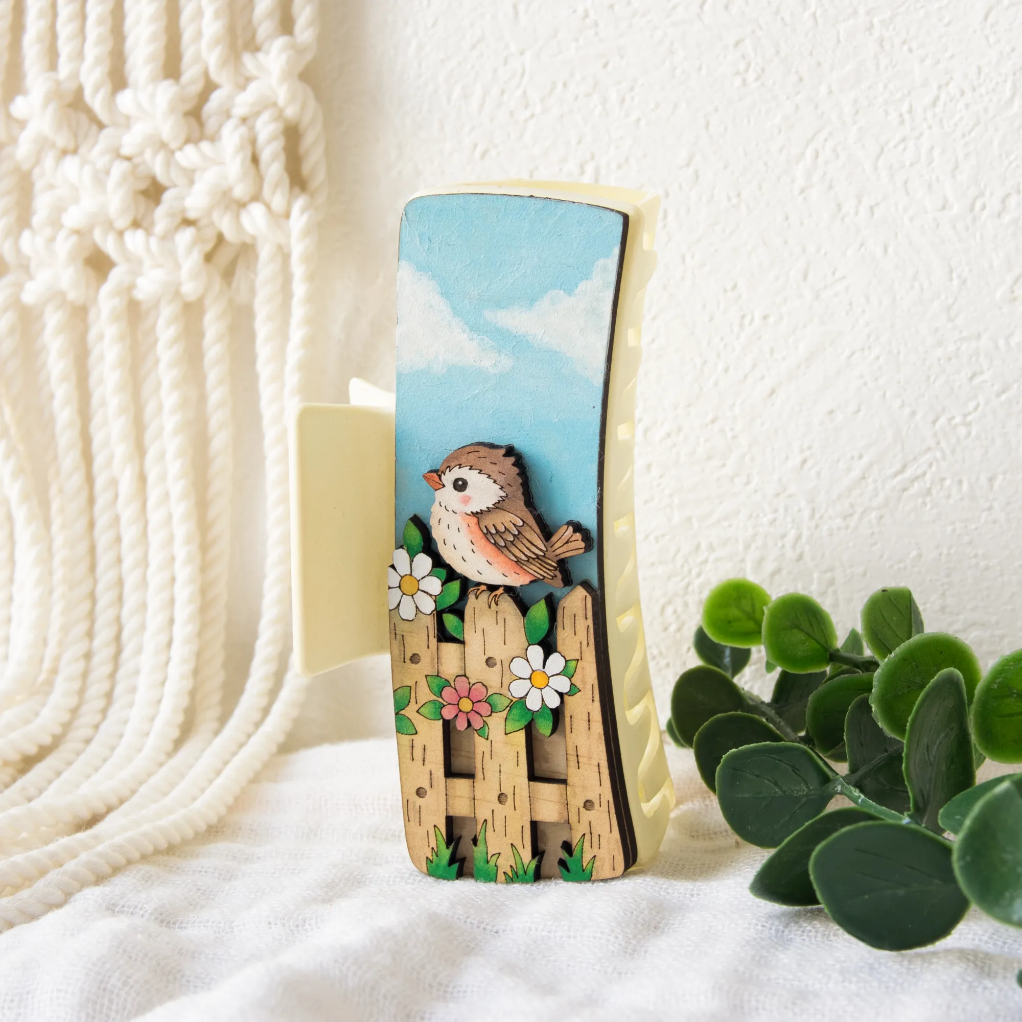 Bird Hair Clip SVG 4.1", Cute Songbird and Flower Fence Claw Clip Design - Image 2