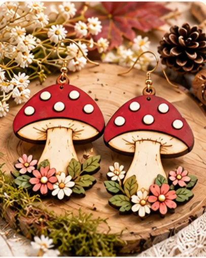 Mushroom wooden earrings with pinecone and autumn foliage