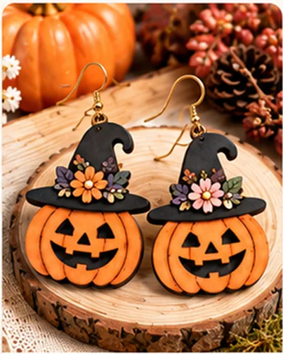 Pumpkin and witch hat wooden Halloween earrings