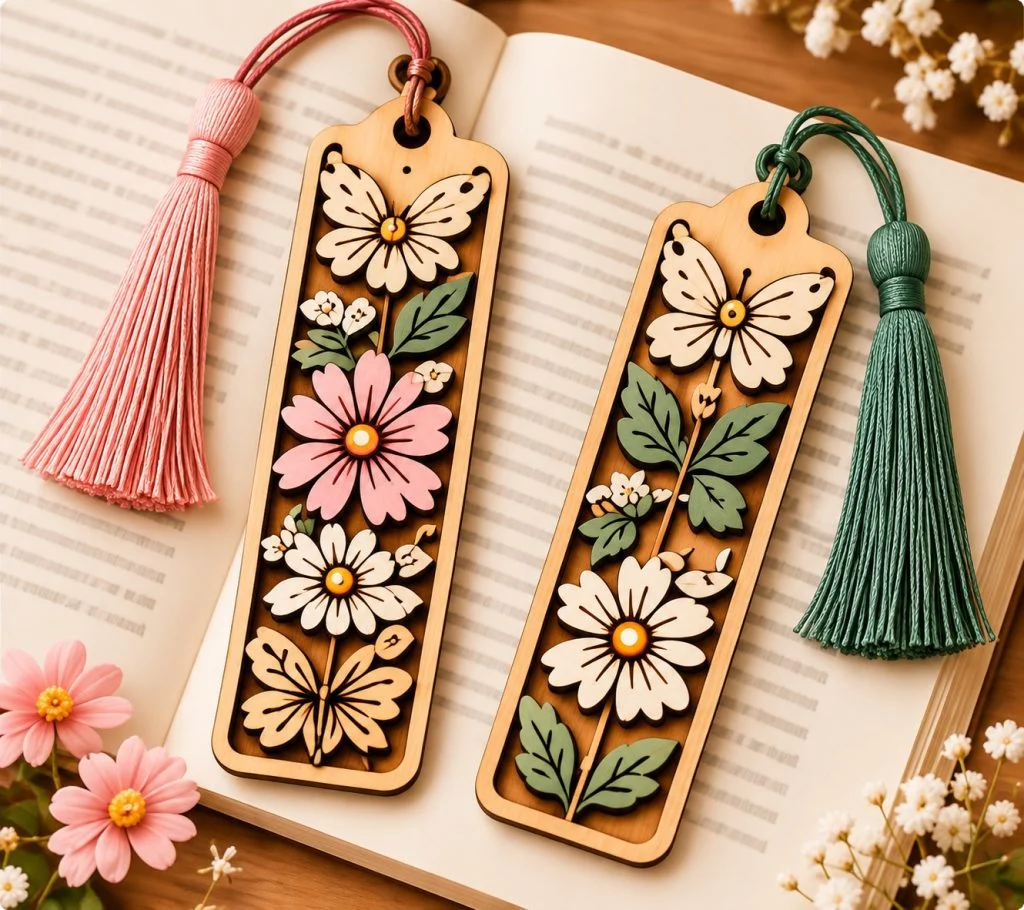Laser-cut wooden floral bookmarks with tassels