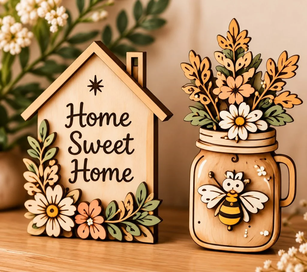 Laser-cut wooden Home Sweet Home sign and bee mason jar decor