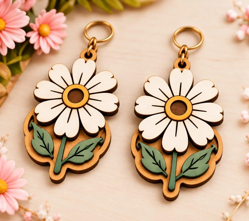 Laser-cut wooden daisy earrings