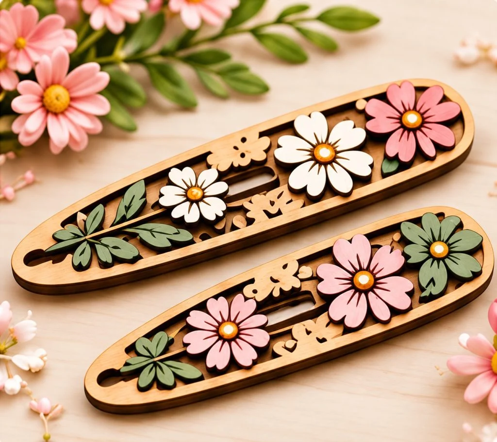 Laser-cut wooden floral hair clips