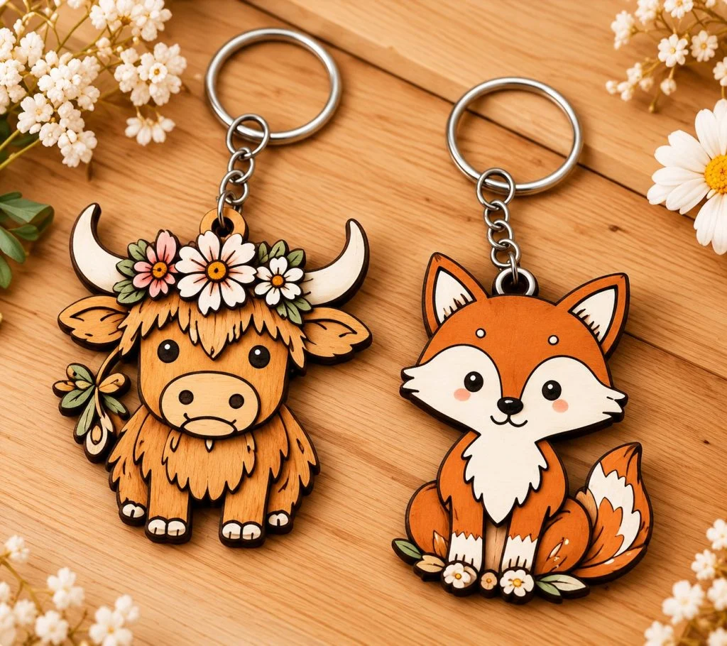 Laser-cut wooden highland cow and fox keychains