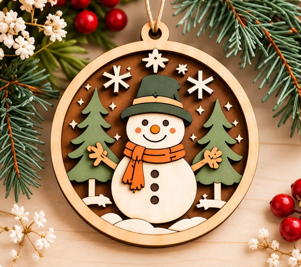 Laser-cut wooden snowman Christmas ornament