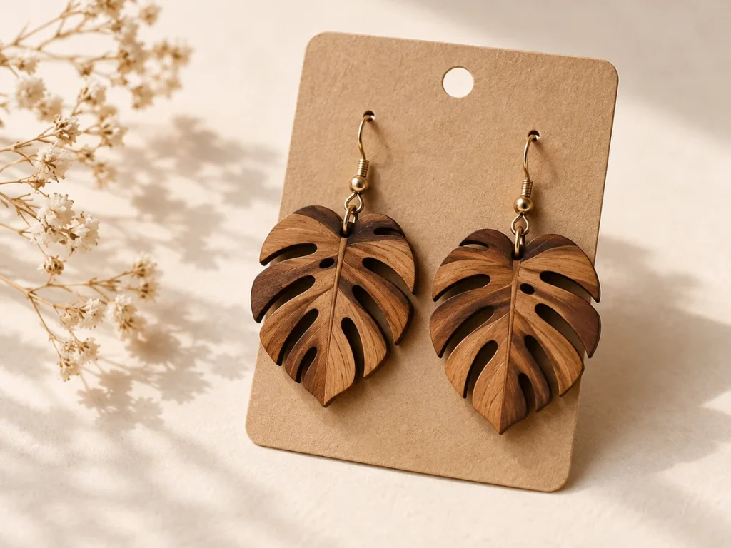 Wooden monstera leaf earrings on kraft card