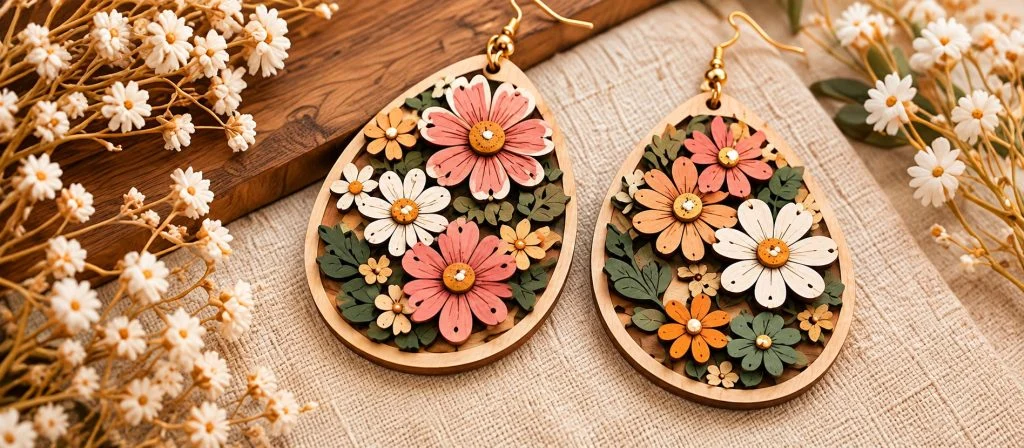 Laser-cut wooden floral teardrop earrings