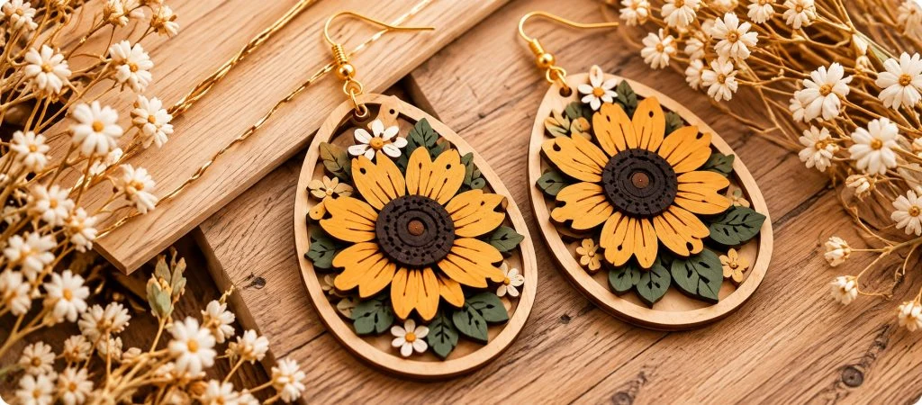 Laser-cut wooden sunflower teardrop earrings