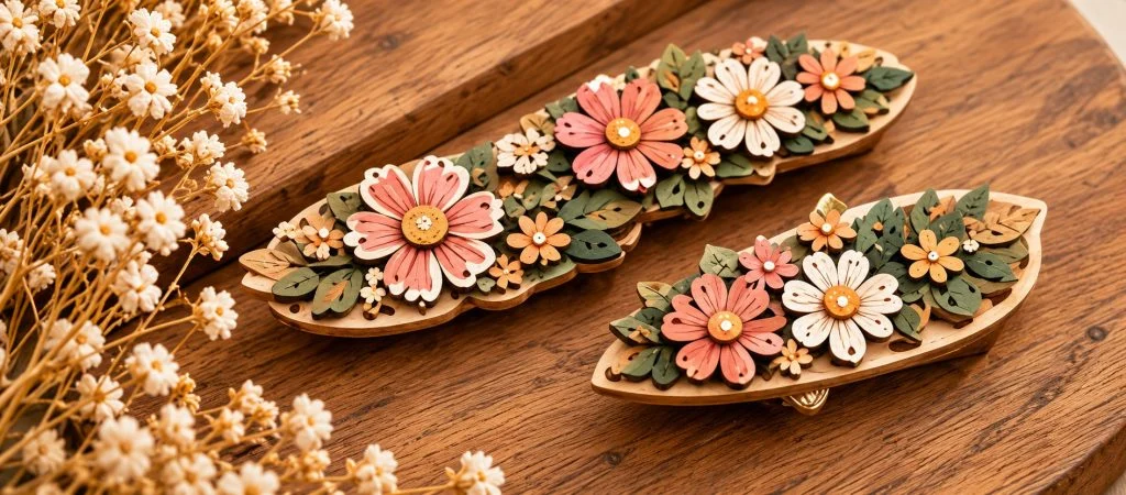 Laser-cut wooden floral hair clips