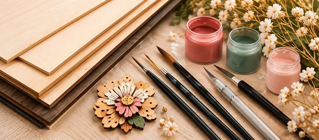 Plywood sheets, brushes, craft knife and paint jars for laser crafting