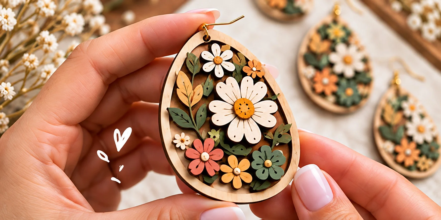 Hand holding a laser-cut wooden floral teardrop earring
