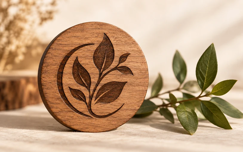 Engraved botanical wooden medallion brand mark